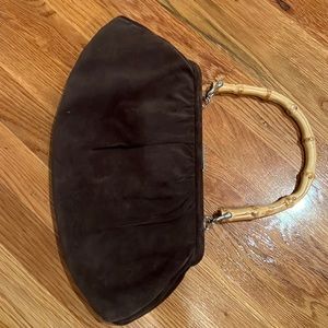 Banana Republic brown suede, pink satin lining, & bamboo handle bag